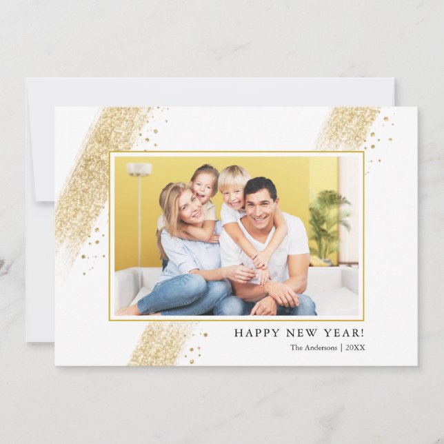 Minimalist Gold Brushstrokes Happy New Years Photo Holiday Card (Front)