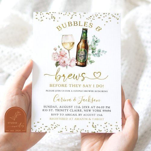 Minimalist Gold Bubbles and Brews Couples Shower Invitation