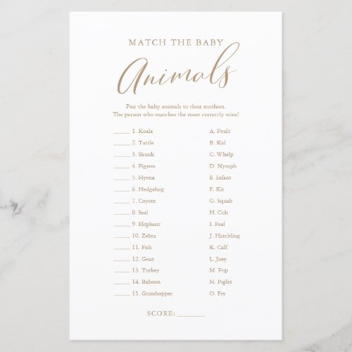 Minimalist Gold Calligraphy Baby Animal Match Game