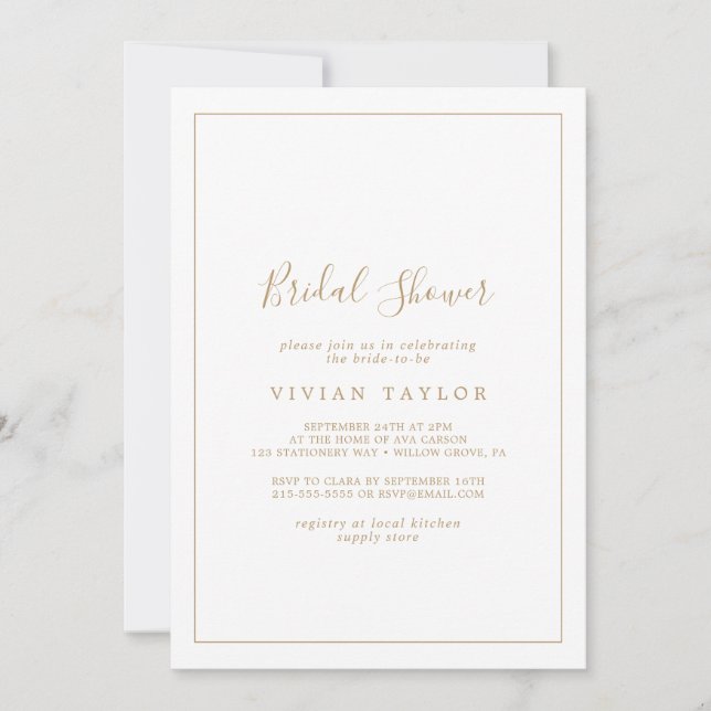 Minimalist Gold Calligraphy Bridal Shower Invitation (Front)