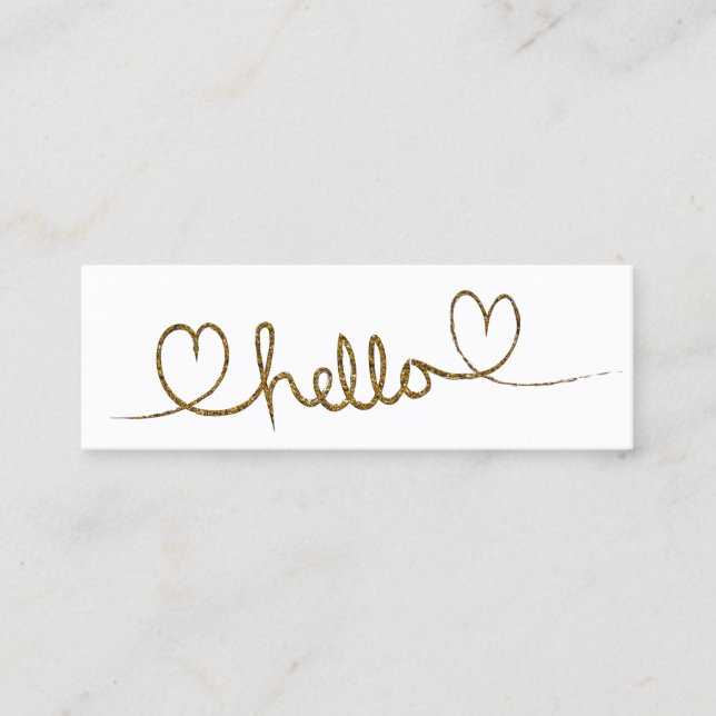 Minimalist gold calligraphy hello hearts mini business card (Front)