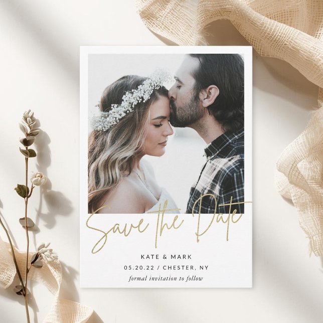 Minimalist Gold Calligraphy Photo Save the Date (Creator Uploaded)