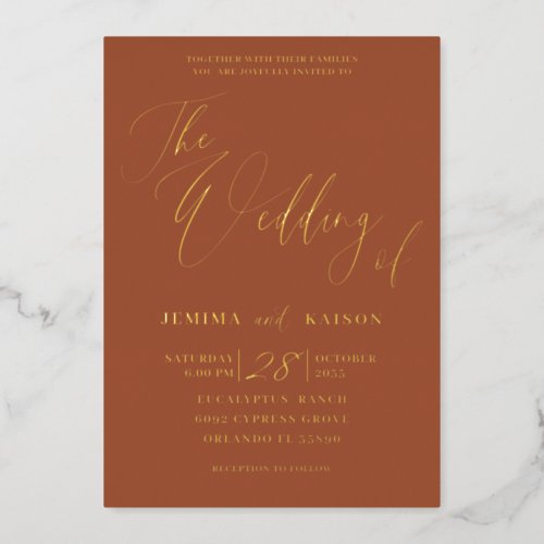 Minimalist Gold Calligraphy Terracotta Wedding Foil Invitation