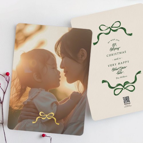 minimalist gold christmas bow  photo foil holiday card