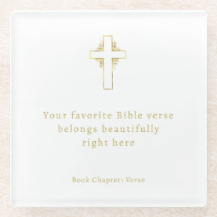 Minimalist Gold Cross Bible Verse Glass Coaster