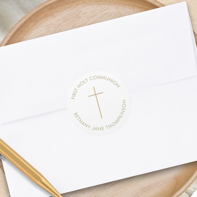 Minimalist Gold Cross First Holy Communion Classic Round Sticker (Creator Uploaded)