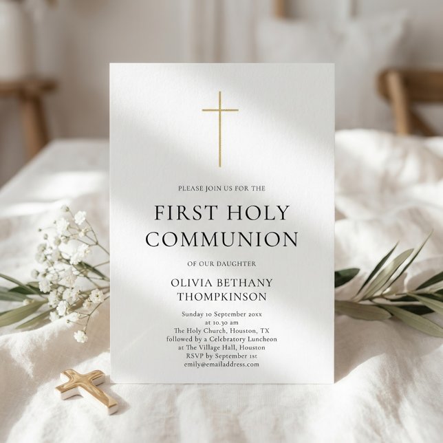 Minimalist Gold Cross First Holy Communion Invitation (Creator Uploaded)