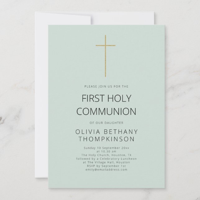 Minimalist Gold Cross First Holy Communion Mint Invitation (Front)