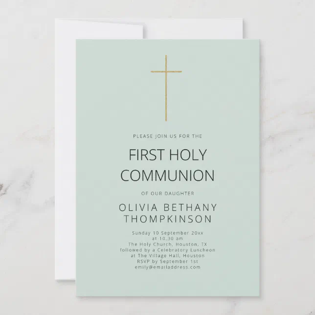 Communion Mint Minimalist Gold Cross First Holy Communion Mint Invitation | Zazzle