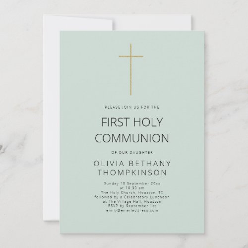 Minimalist Gold Cross First Holy Communion Mint Invitation