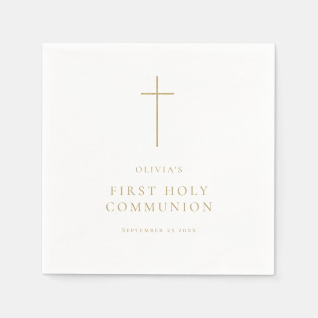 Minimalist Gold Cross First Holy Communion Napkins (Front)