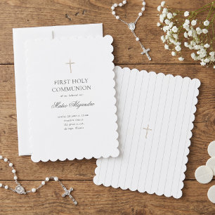 Minimalist Gold Cross Scalloped Holy Communion Invitation