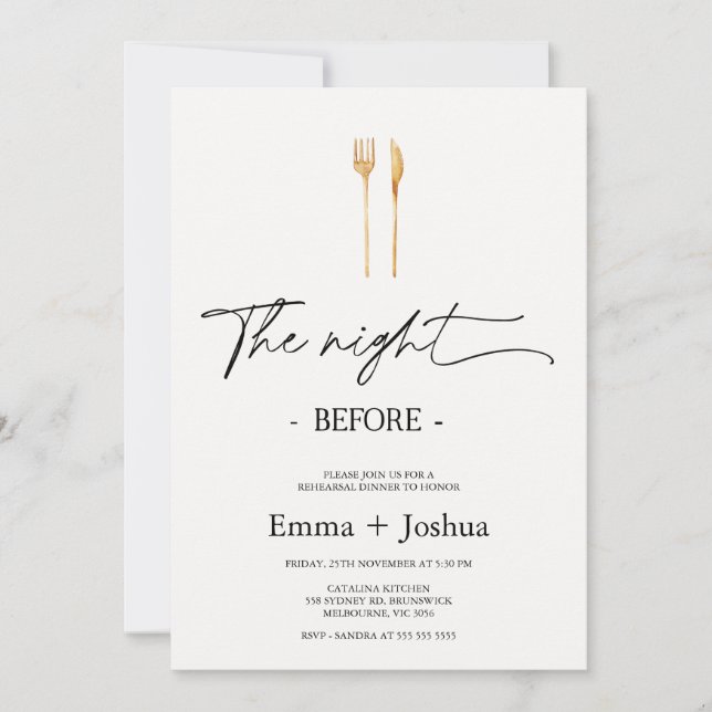 Minimalist Gold Cutlery Rehearsal Dinner  Invitation (Front)
