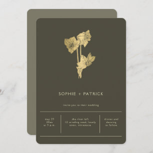 Minimalist Gold Daffodils Dark Sage Spring Wedding Invitation