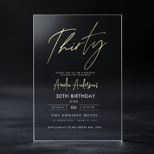 Minimalist Gold Elegant Script 30th Birthday Acrylic Invitations