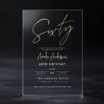 Minimalist Gold Elegant Script 60th Birthday Acrylic Invitations<br><div class="desc">Celebrate six decades of cherished memories with the Minimalist Gold Elegant Script 60th Birthday Acrylic Invitation. Designed with sophistication in mind, this modern invitation features a sleek gold script on a premium clear acrylic background. Perfect for an upscale gathering, this stylish invite sets the tone for a refined and unforgettable...</div>