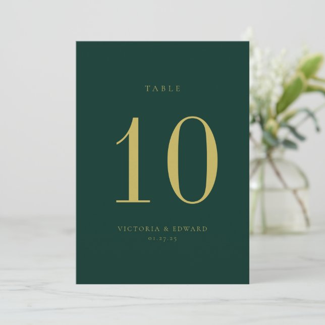 Minimalist Gold Emerald Wedding Table Number Card (Standing Front)