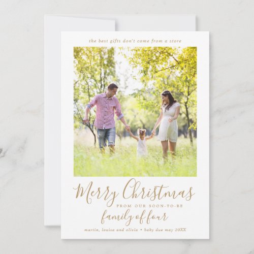 Minimalist Gold Family of Four Pregnancy Photo Holiday Card