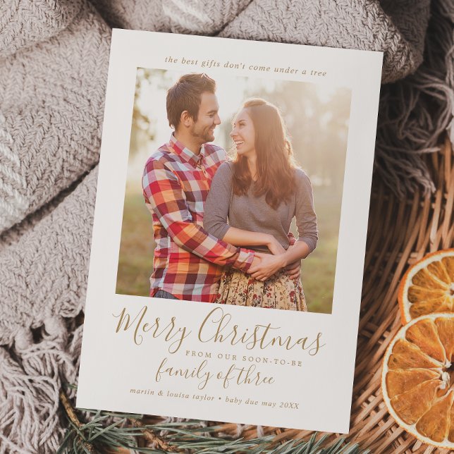 Minimalist Gold Family of Three Pregnancy Photo Holiday Card (Creator Uploaded)