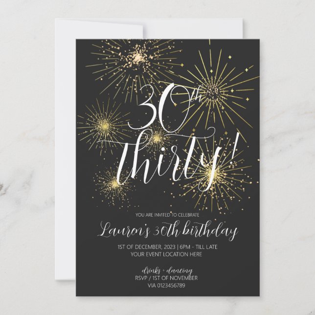 Minimalist Gold Fireworks 30th birthday party  Invitation (Front)
