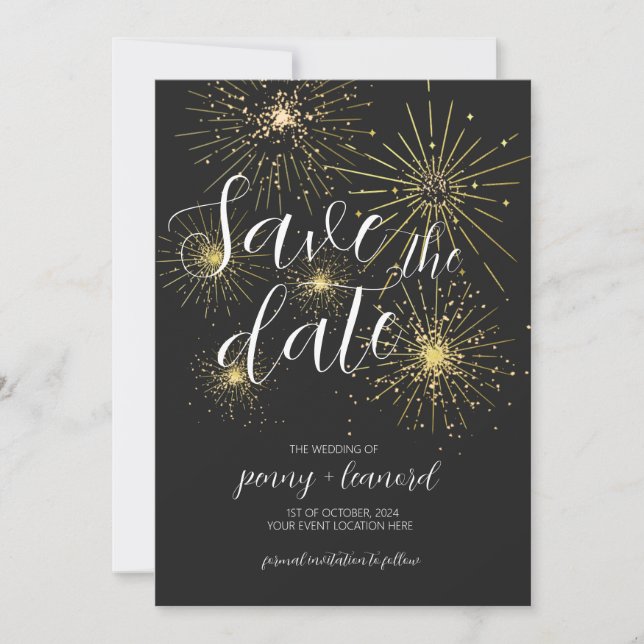 Minimalist Gold Fireworks Save The Date Invitation (Front)