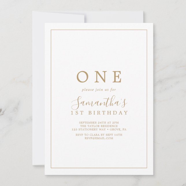 Minimalist Gold First Birthday Party Invitation (Front)