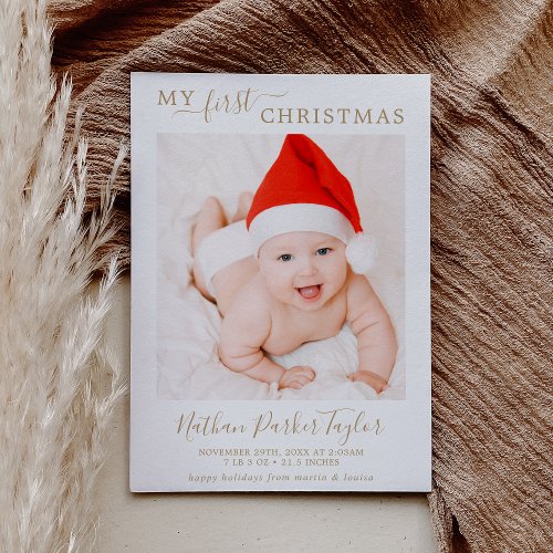 Minimalist Gold First Christmas Baby Birth Photo Holiday Card