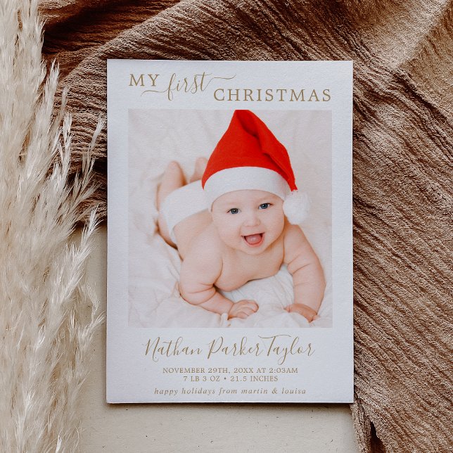 Minimalist Gold First Christmas Baby Birth Photo Holiday Card (Creator Uploaded)