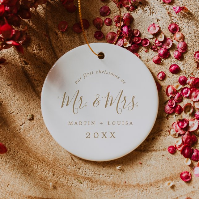 Minimalist Gold First Christmas Wedding Photo Ceramic Ornament (Creator Uploaded)
