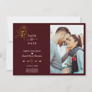 Minimalist Gold Floral Deep Burgundy Photo Wedding Save The Date