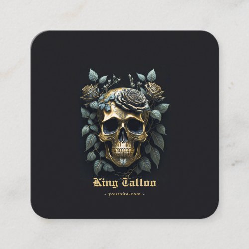 Minimalist Gold Floral Skull Tattoo Artist  Square Business Card