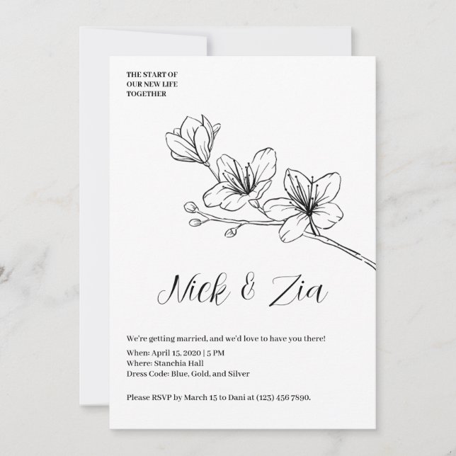 Minimalist Gold Floral White Wedding Invitation (Front)