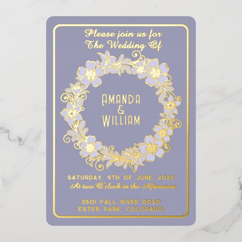 Minimalist Gold Floral Wreath on Muted Blue Bg