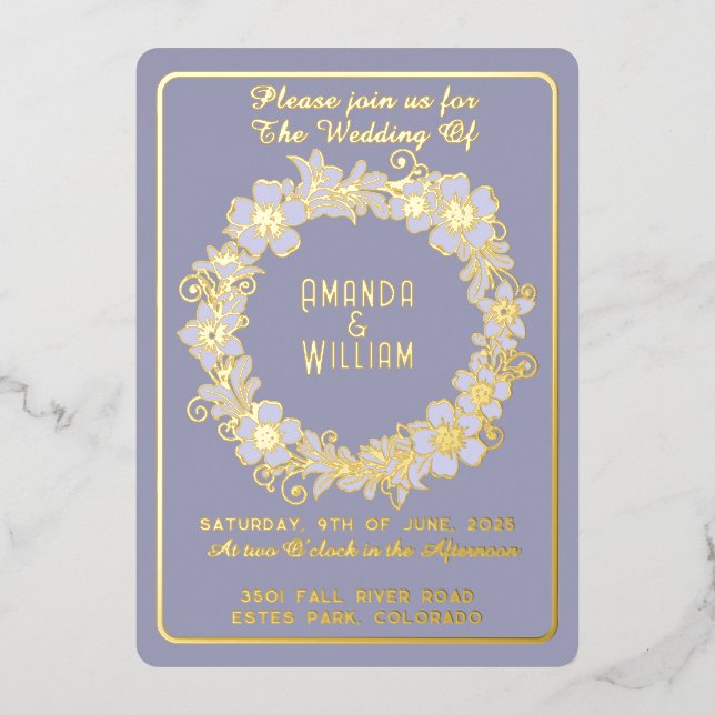 Minimalist Gold Floral Wreath on Muted Blue Bg Foil Invitation (Front)