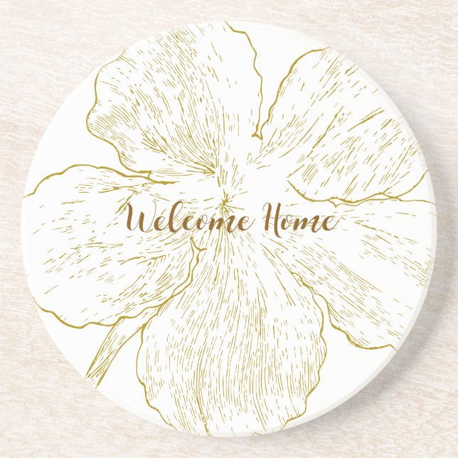 Minimalist Gold Flower Line Art Personalized Coaster (Front)