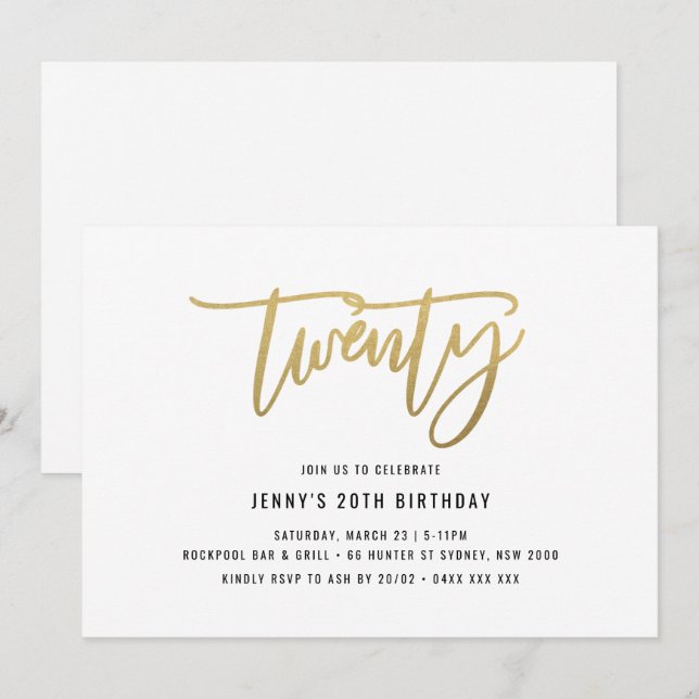 Minimalist Gold Foil 20th Birthday Invitation (Front/Back)