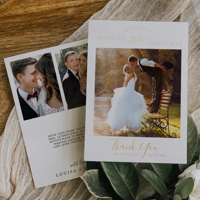 Minimalist Gold Foil 3 Photo Wedding Thank You Foil Holiday Card | Zazzle