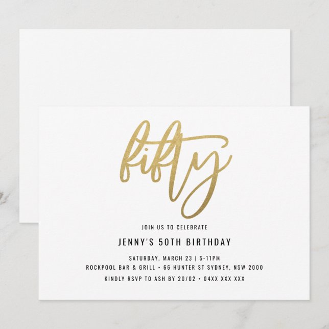 Minimalist Gold Foil 50th Birthday Invitation (Front/Back)