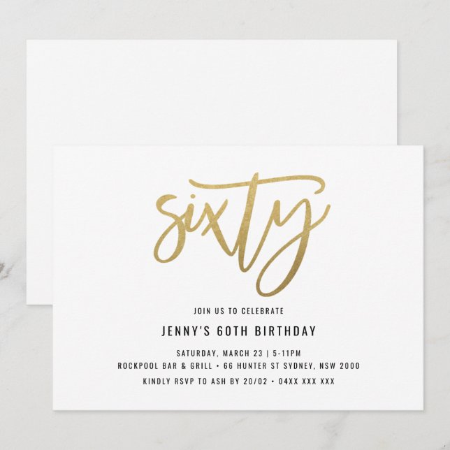 Minimalist Gold Foil 60th Birthday Invitation (Front/Back)