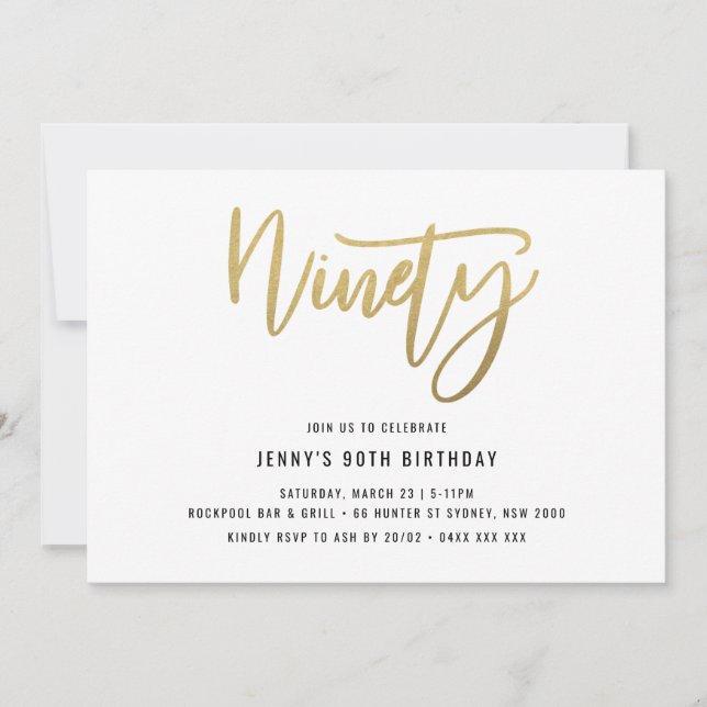 Minimalist Gold Foil 90th Birthday Invitation (Front)