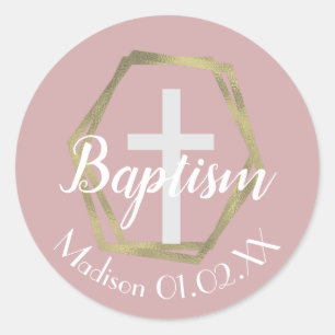 Minimalist Gold Foil Baptism Cross Child's Name Classic Round Sticker
