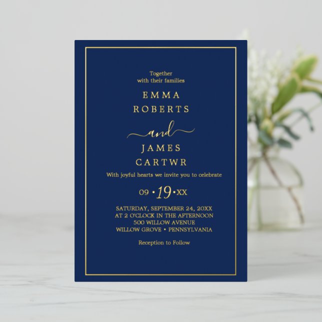 Minimalist Gold Foil | Black Casual Wedding  Invitation (Standing Front)