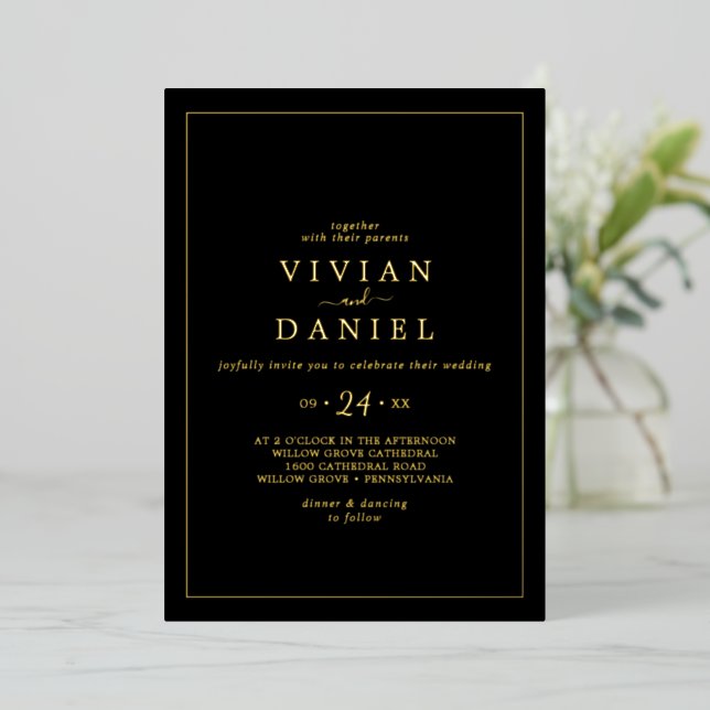 Minimalist Gold Foil | Black Casual Wedding Invitation (Standing Front)