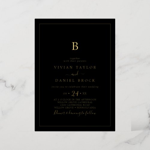 Minimalist Gold Foil  Black Monogram Wedding Foil Invitation