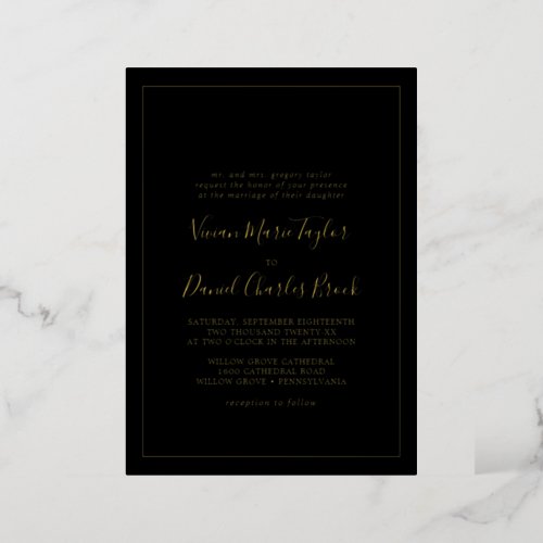 Minimalist Gold Foil  Black Traditional Wedding Foil Invitation
