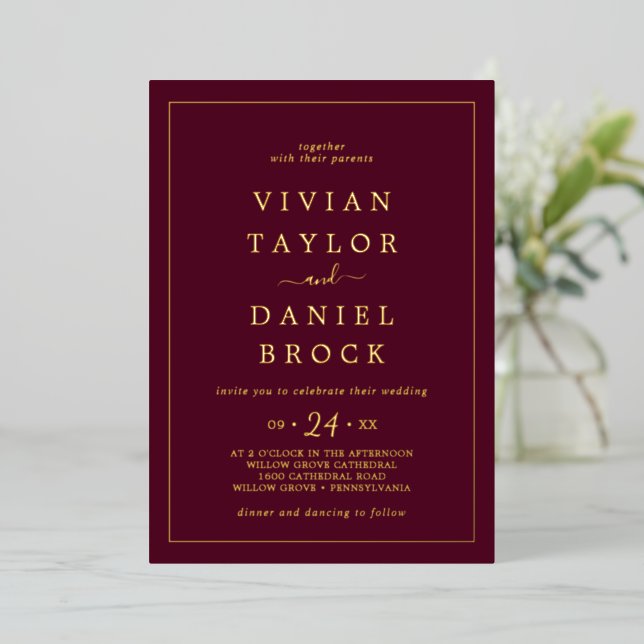Minimalist Gold Foil | Burgundy Bold Names Wedding Invitation (Standing Front)