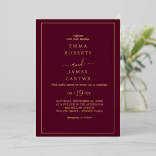 Minimalist Gold Foil Burgundy Bold Names Wedding Invitation