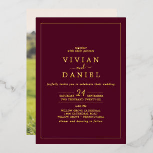 Minimalist Gold Foil   Burgundy Photo Back Wedding Invitation