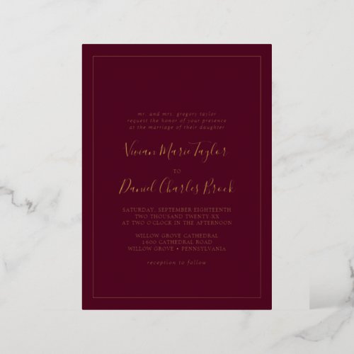 Minimalist Gold Foil Burgundy Traditional Wedding Foil Invitation