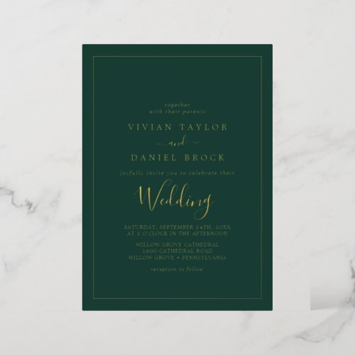 Minimalist Gold Foil  Emerald Green Wedding Foil Invitation